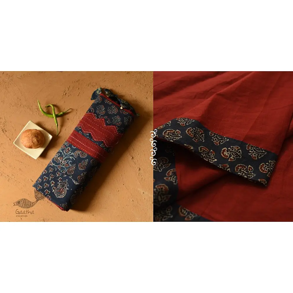 Patchwork Cotton Saree - Maroon & Blue