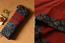 Ajrakh Patchwork & Embroidered Cotton Saree - Maroon & Blue