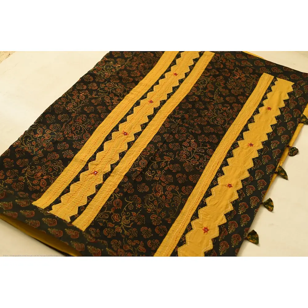 Cotton Ajrakh Applique Saree - Yellow & Green