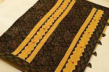Ajrakh Applique & Embroidered Cotton Saree - Yellow & Green