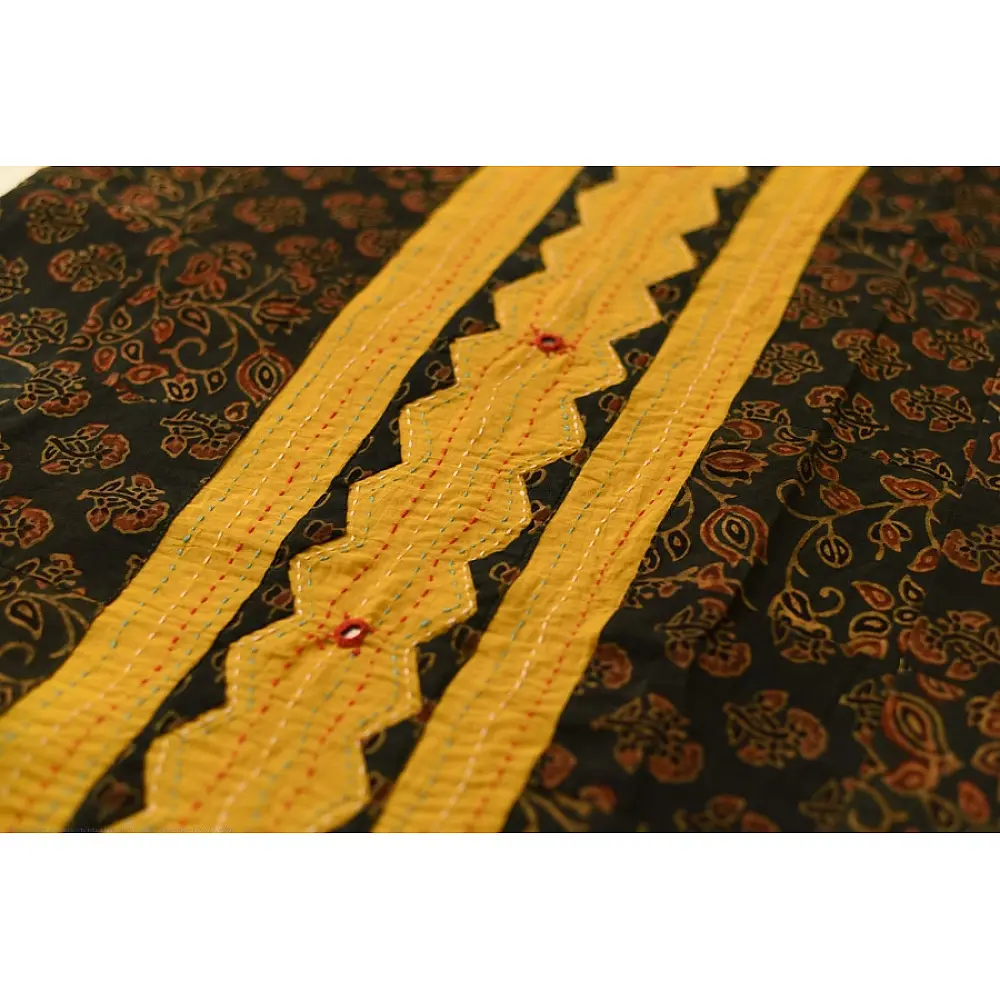 Cotton Ajrakh Applique Saree - Yellow & Green