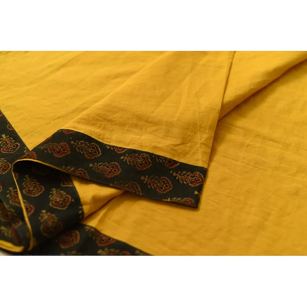 Cotton Ajrakh Applique Saree - Yellow & Green