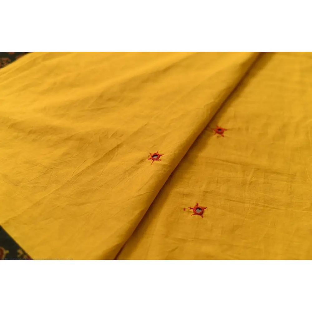 Cotton Ajrakh Applique Saree - Yellow & Green