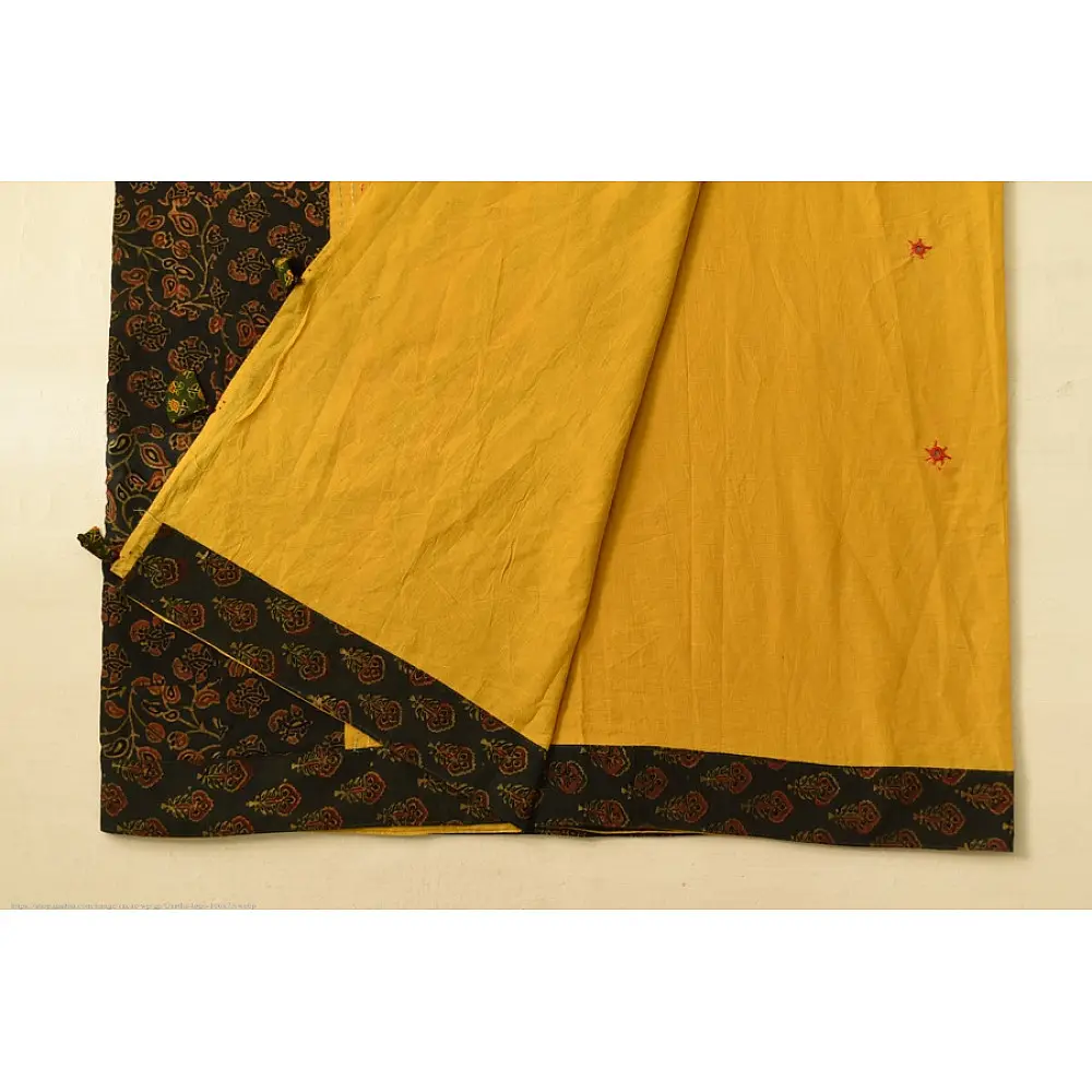 Cotton Ajrakh Applique Saree - Yellow & Green