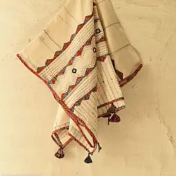 Ajrakh Applique - Embroidered Cotton Off White Dupatta