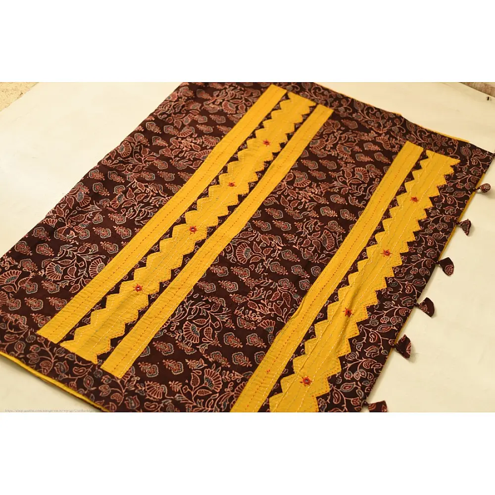 Buy Ajrakh Applique / Patchwork Cotton Turmeric Yellow saree