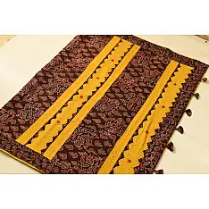 Ajrakh Applique / Patchwork Cotton Saree - Turmeric Yellow