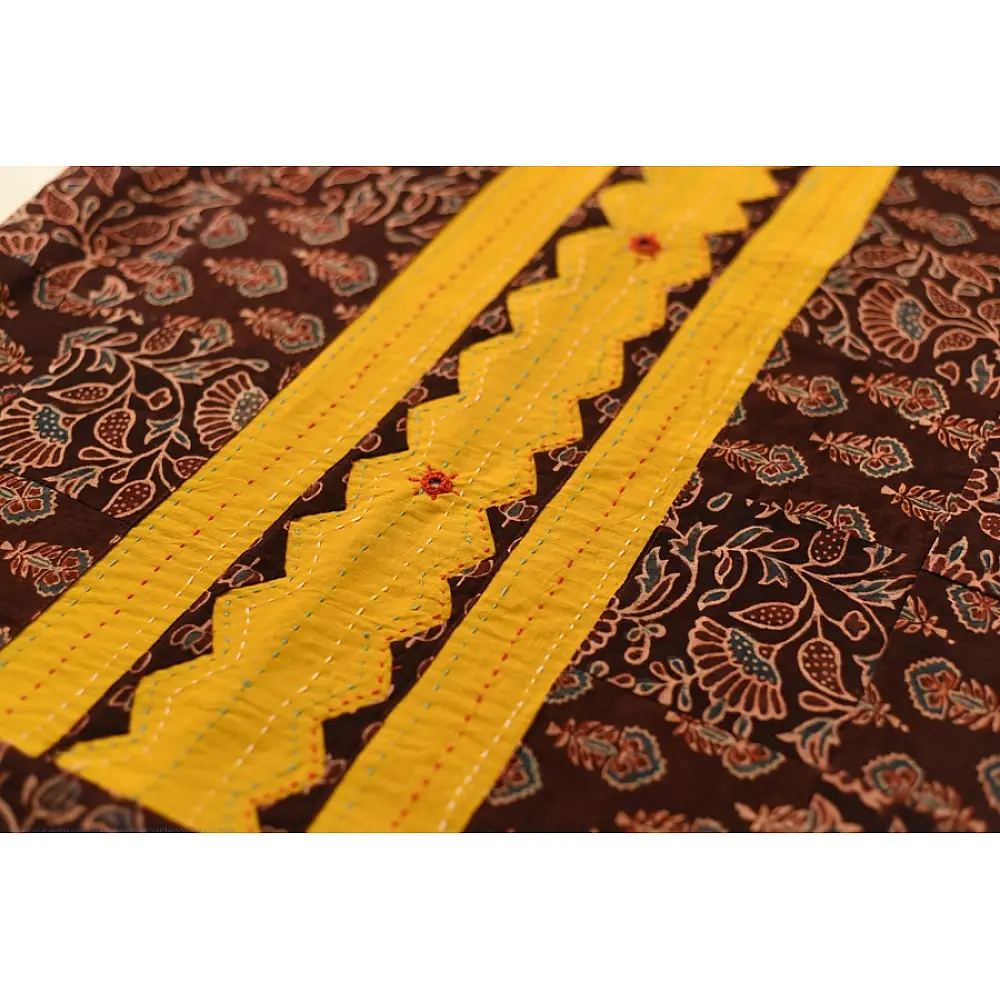 Buy Ajrakh Applique / Patchwork Cotton Turmeric Yellow saree