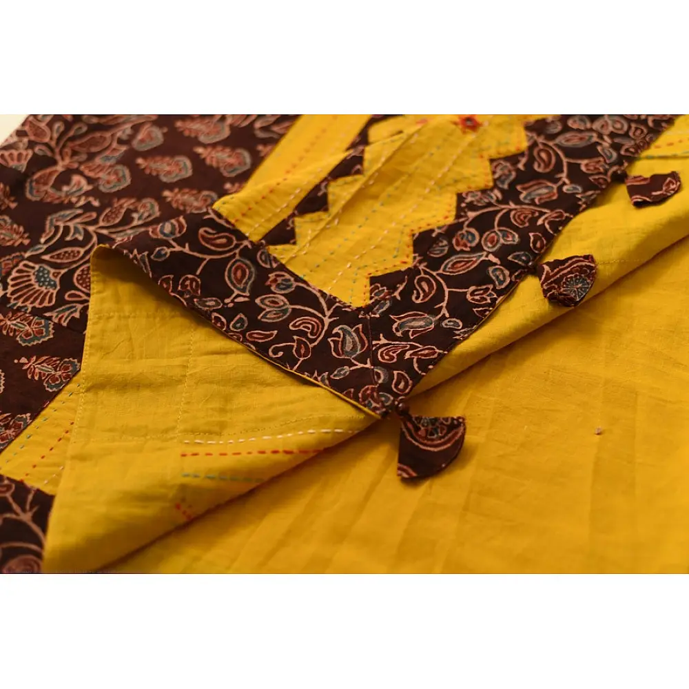 Buy Ajrakh Applique / Patchwork Cotton Turmeric Yellow saree