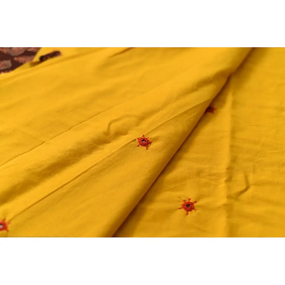 Buy Ajrakh Applique / Patchwork Cotton Turmeric Yellow saree