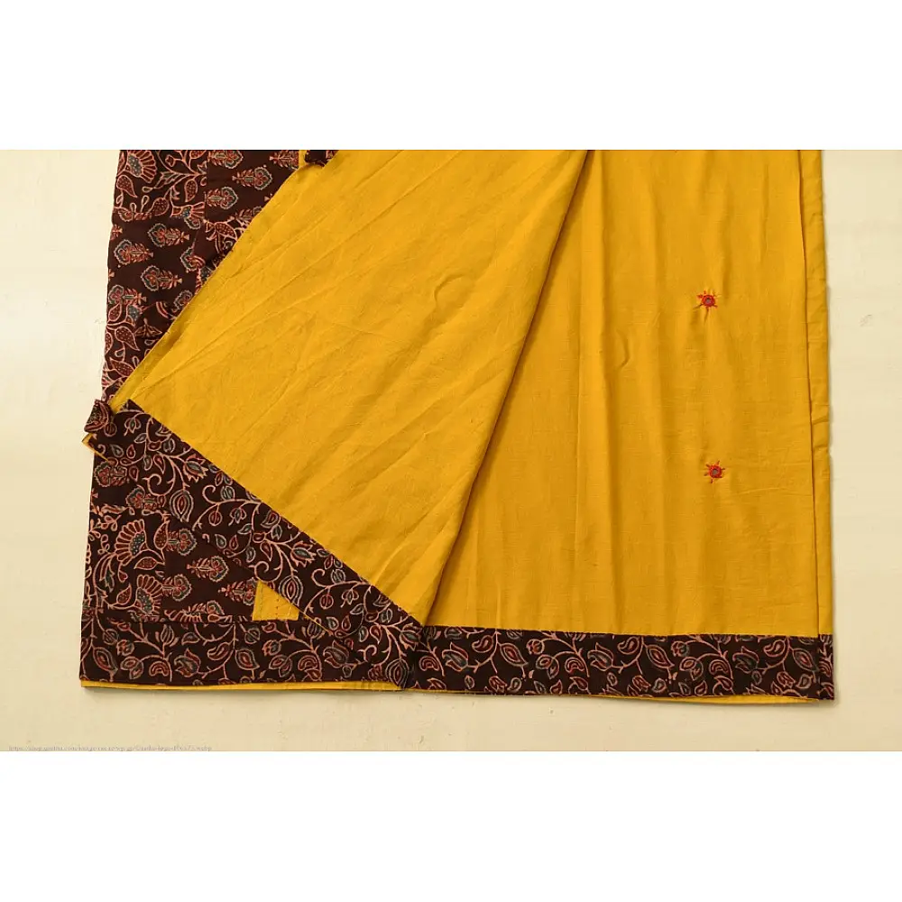 Buy Ajrakh Applique / Patchwork Cotton Turmeric Yellow saree
