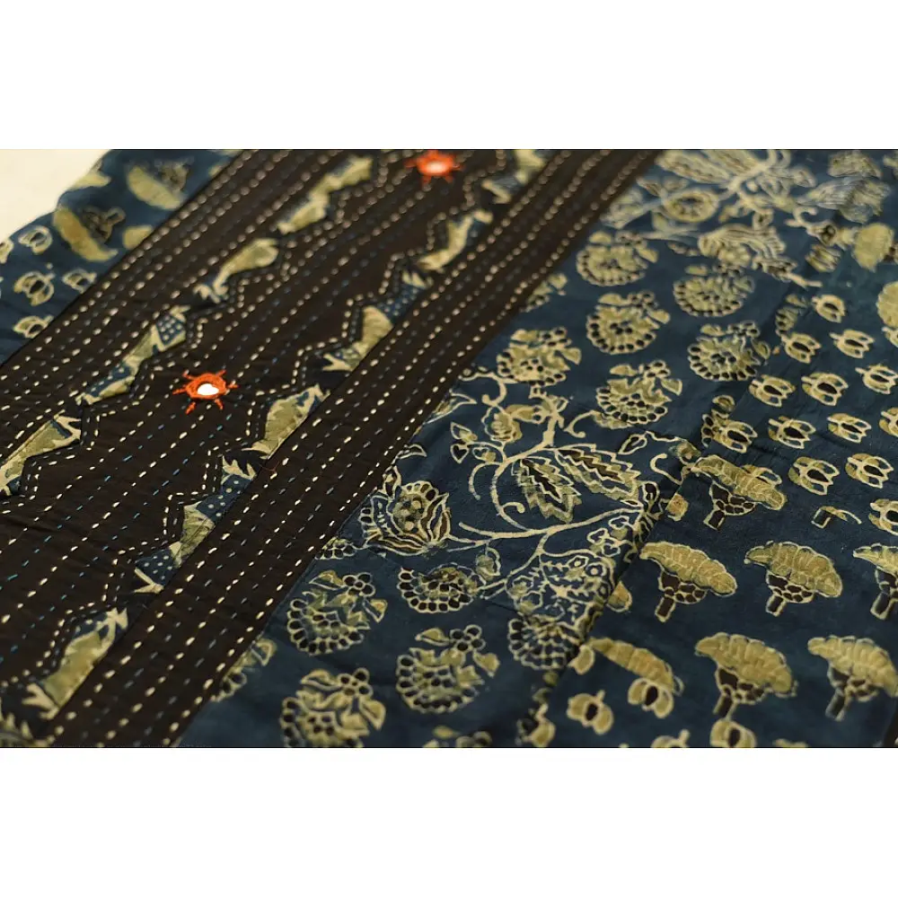 Buy Ajrakh Patchwork & Embroidered Cotton Black Saree