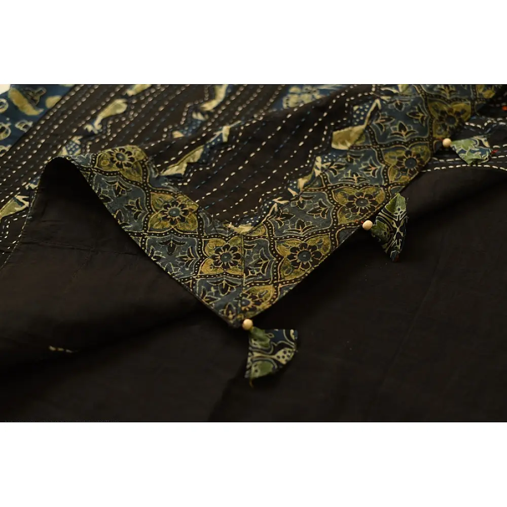 Buy Ajrakh Patchwork & Embroidered Cotton Black Saree