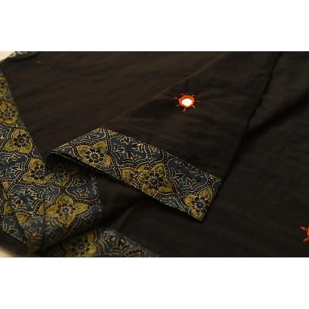 Buy Ajrakh Patchwork & Embroidered Cotton Black Saree