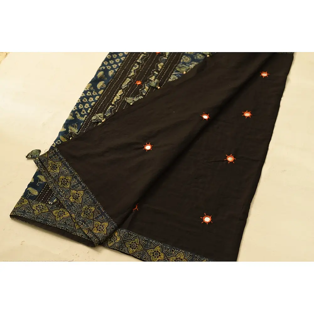 Buy Ajrakh Patchwork & Embroidered Cotton Black Saree