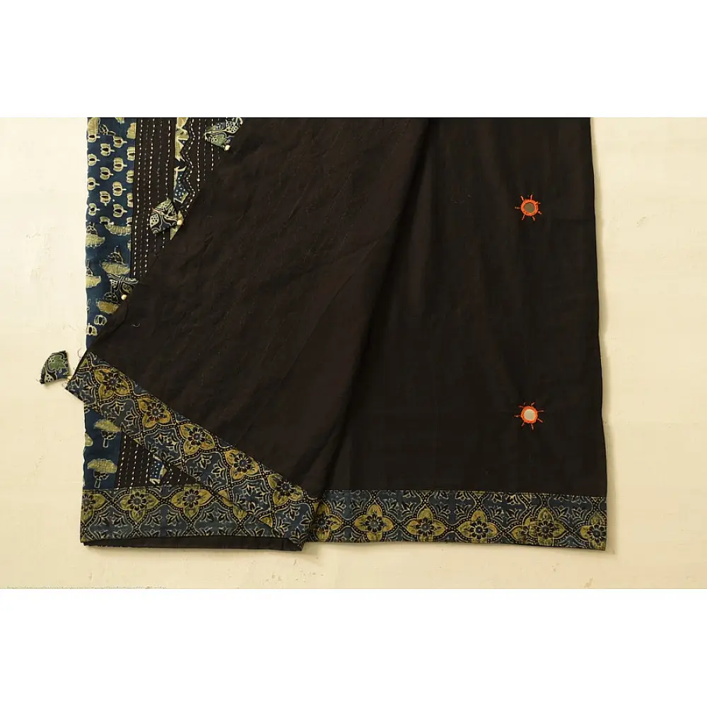 Buy Ajrakh Patchwork & Embroidered Cotton Black Saree