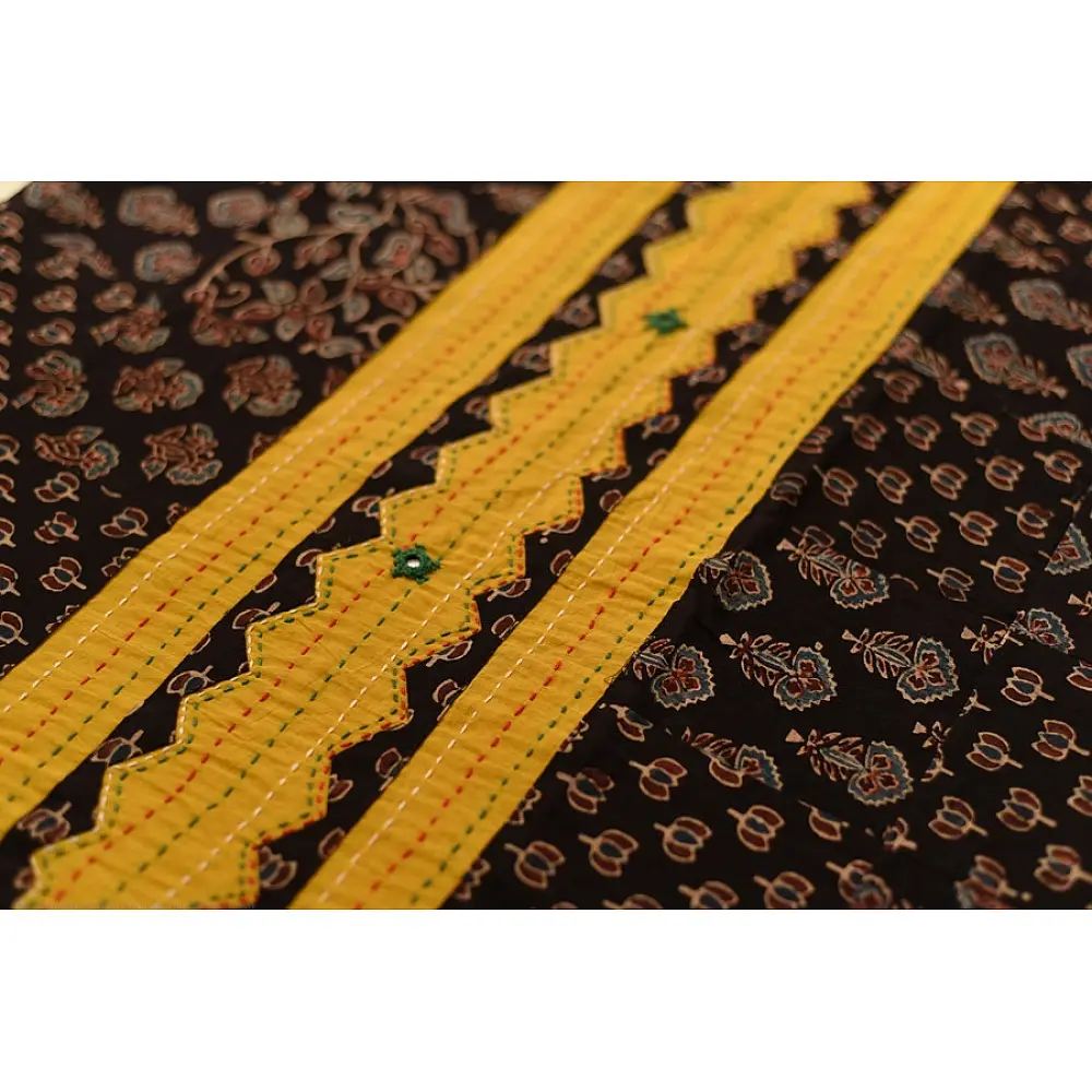 Buy Ajrakh Applique & Mirror Embroidered Cotton Saree - Yellow & Black