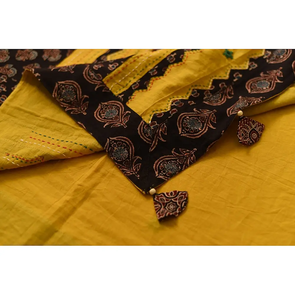 Buy Ajrakh Applique & Mirror Embroidered Cotton Saree - Yellow & Black