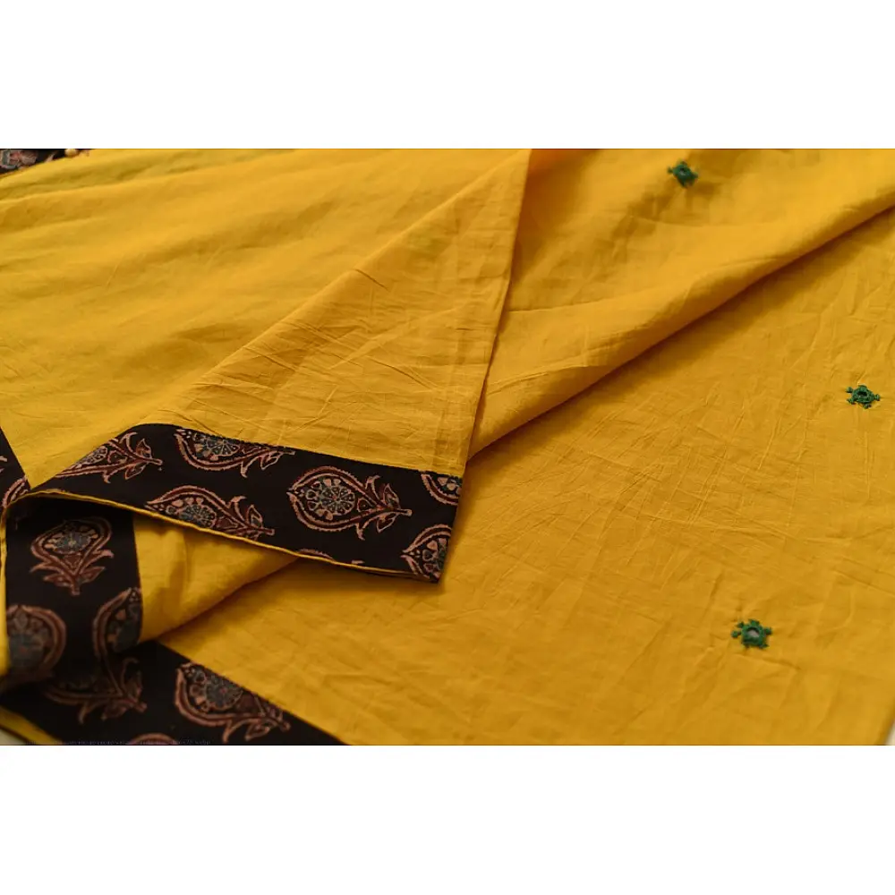 Buy Ajrakh Applique & Mirror Embroidered Cotton Saree - Yellow & Black