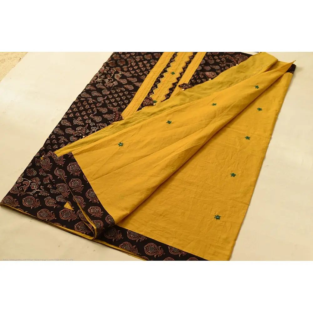 Buy Ajrakh Applique & Mirror Embroidered Cotton Saree - Yellow & Black