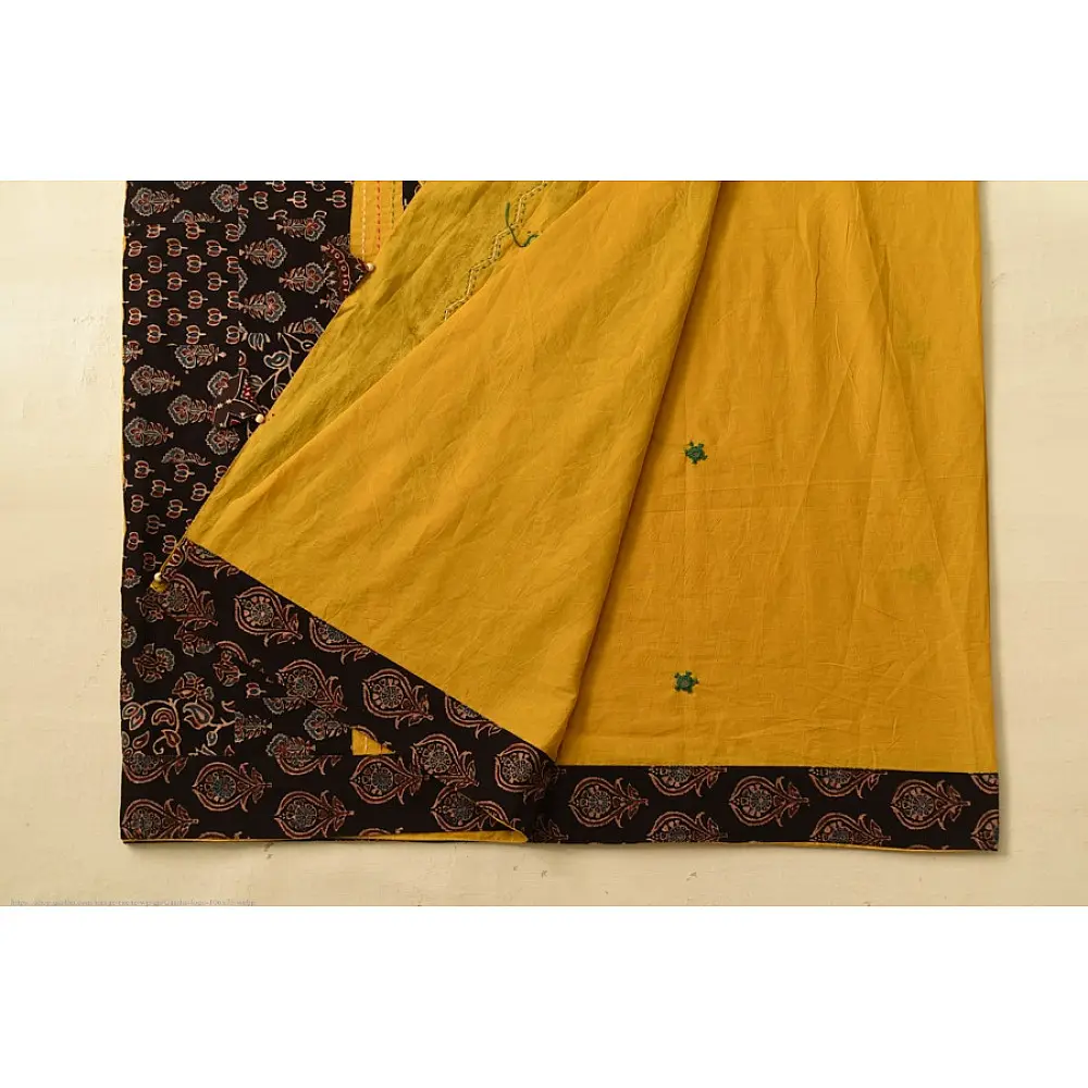 Buy Ajrakh Applique & Mirror Embroidered Cotton Saree - Yellow & Black