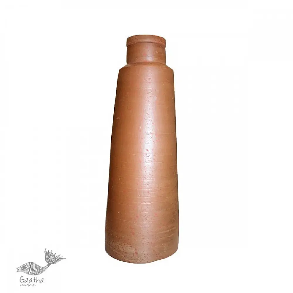 terracotta clay water bottle with tapered conical base and cylindrical neck in natural earthy tone