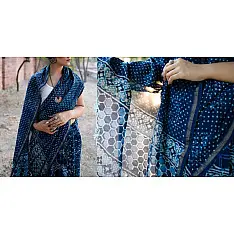 Dabu Block Printed ∷ Cotton Silk / Chanderi Saree - Indigo Blue