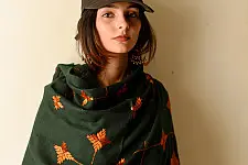 Preet ~ Hand Embroidered Phulkari Soft Wool Shawl - Bottle Green