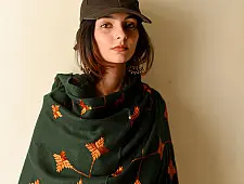 Preet ~ Hand Embroidered Phulkari Soft Wool Shawl - Bottle Green