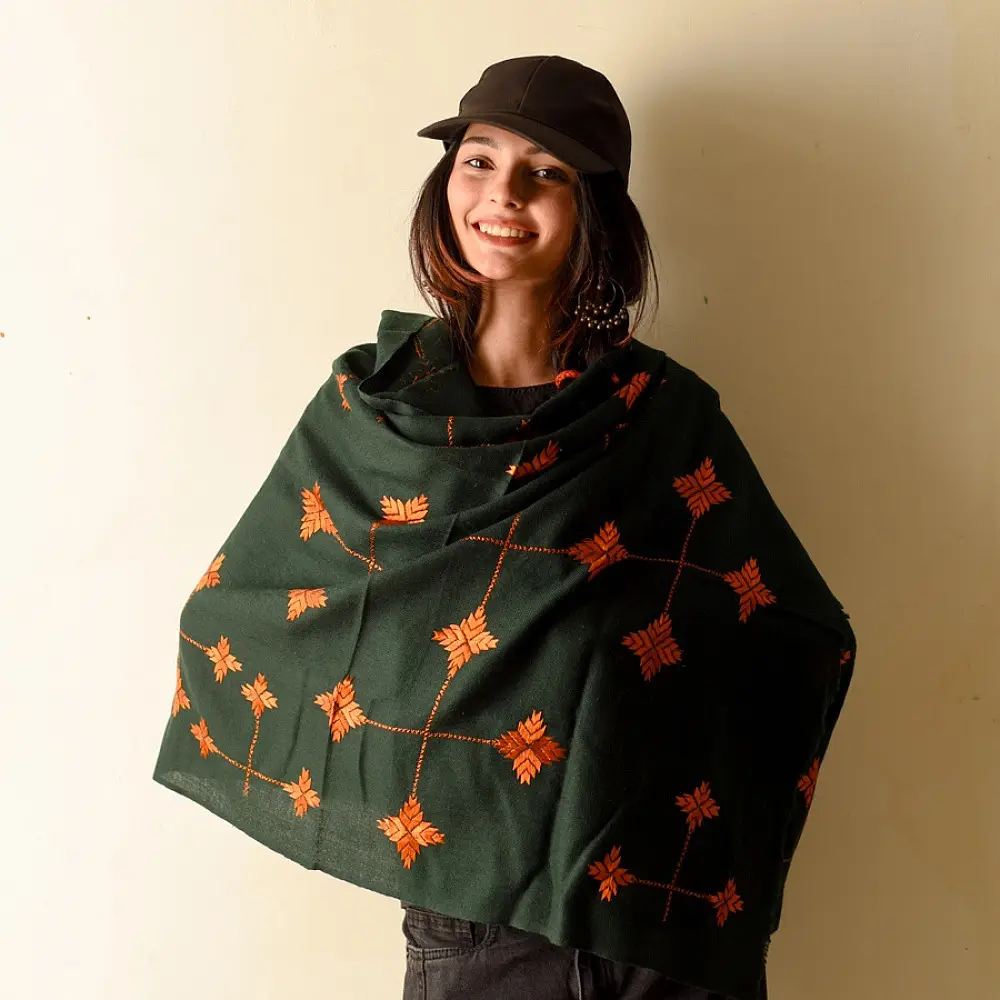 Shop Hand Embroidered Phulkari Soft Wool Shawl - Bottle Green