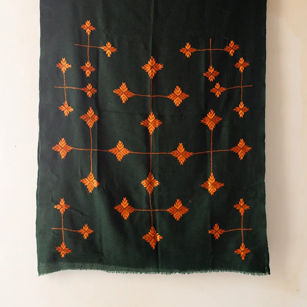 Shop Hand Embroidered Phulkari Soft Wool Shawl - Bottle Green