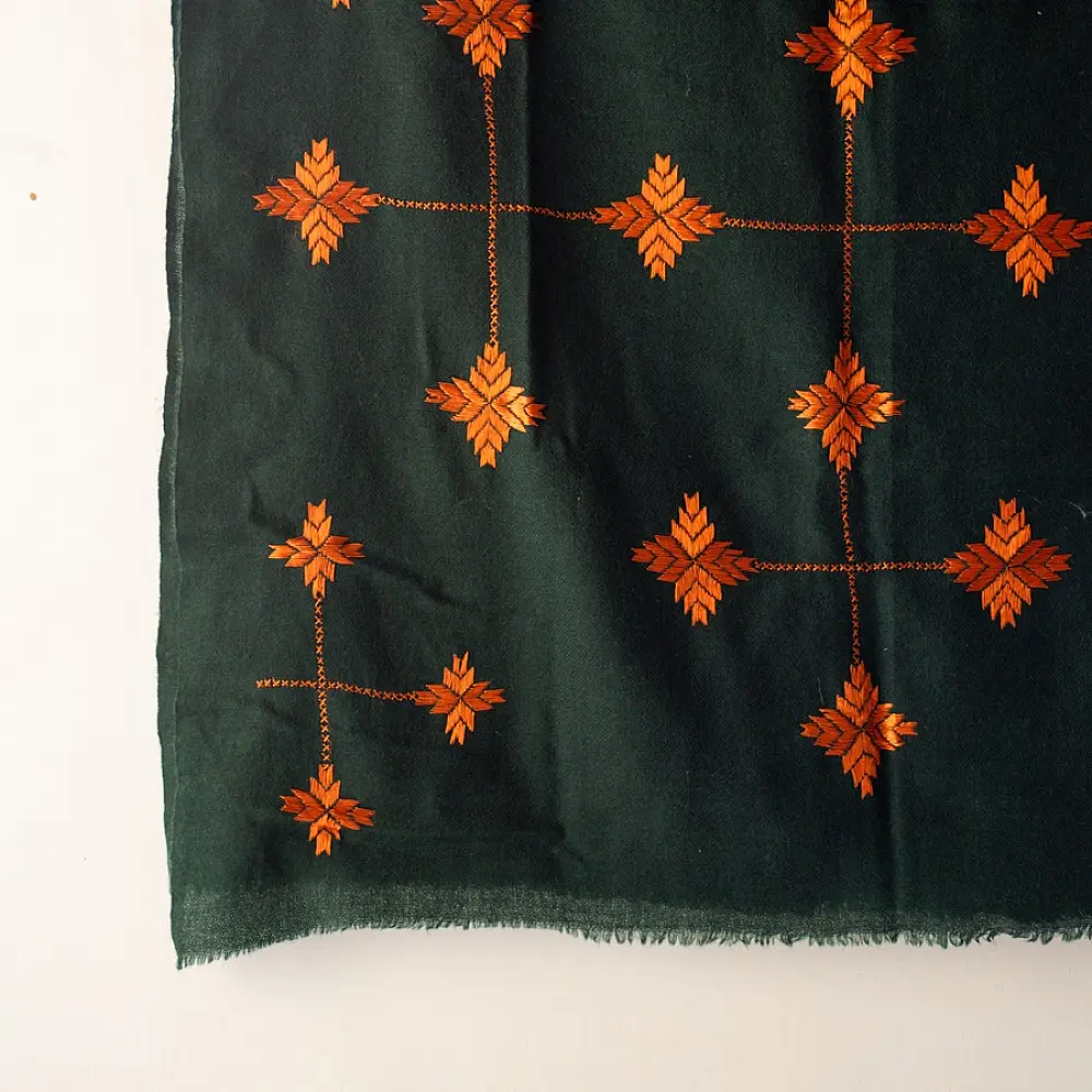 Shop Hand Embroidered Phulkari Soft Wool Shawl - Bottle Green