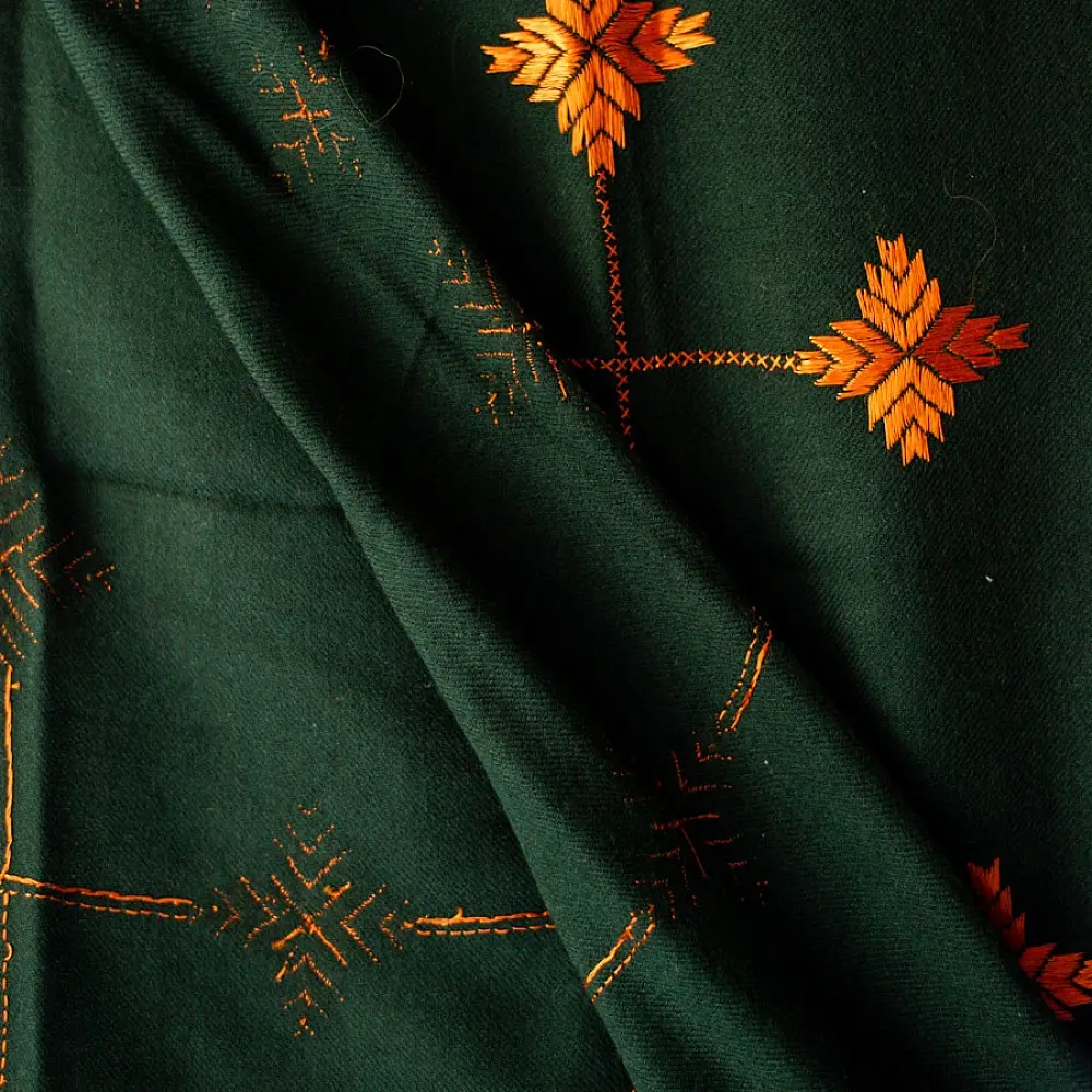 Shop Hand Embroidered Phulkari Soft Wool Shawl - Bottle Green