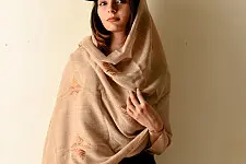 Preet ~ Hand Embroidered Phulkari Wool Shawl - Beige