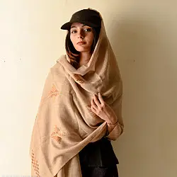 Preet ~ Hand Embroidered Phulkari Wool Shawl - Beige