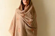 Preet ~ Hand Embroidered Phulkari Wool Shawl - Beige