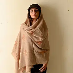 Preet ~ Hand Embroidered Phulkari Wool Shawl - Beige