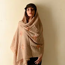 Preet ~ Hand Embroidered Phulkari Wool Shawl - Beige