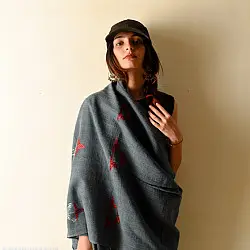 Preet ~ Hand Embroidered Phulkari Woolen Shawl - Grey
