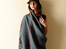 Preet ~ Hand Embroidered Phulkari Woolen Shawl - Grey