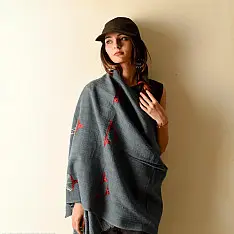 Preet ~ Hand Embroidered Phulkari Woolen Shawl - Grey