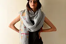 Preet ~ Hand Embroidered Phulkari Linen Dupatta - Light Blue