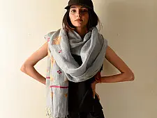 Preet ~ Hand Embroidered Phulkari Linen Dupatta - Light Blue