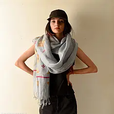 Preet ~ Hand Embroidered Phulkari Linen Dupatta - Light Blue