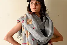 Preet ~ Hand Embroidered Phulkari Linen Dupatta - Light Blue