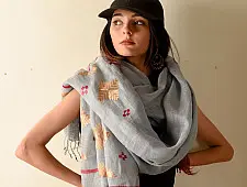 Preet ~ Hand Embroidered Phulkari Linen Dupatta - Light Blue