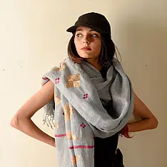 Preet ~ Hand Embroidered Phulkari Linen Dupatta - Light Blue