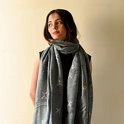 Preet ~ Hand Embroidered Phulkari Silk Stole - Grey