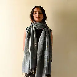 Preet ~ Hand Embroidered Phulkari Silk Stole - Grey