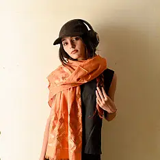 Preet ~ Hand Embroidered Phulkari Silk Stole - Brown